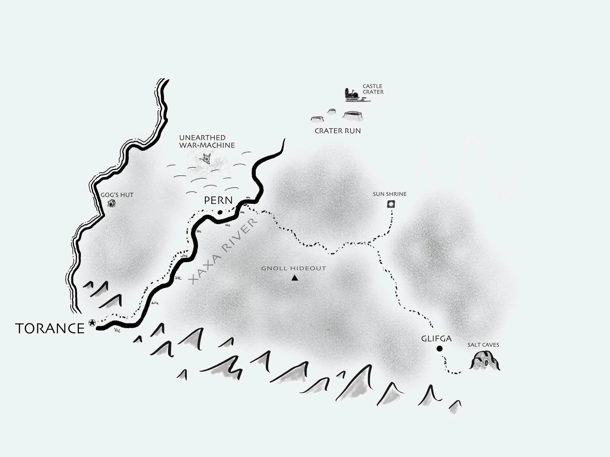 A black and white map of xaxa river valley.