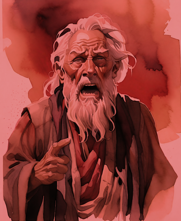 A mad raving prophet bathed in red sunlight in a watercolor style. 