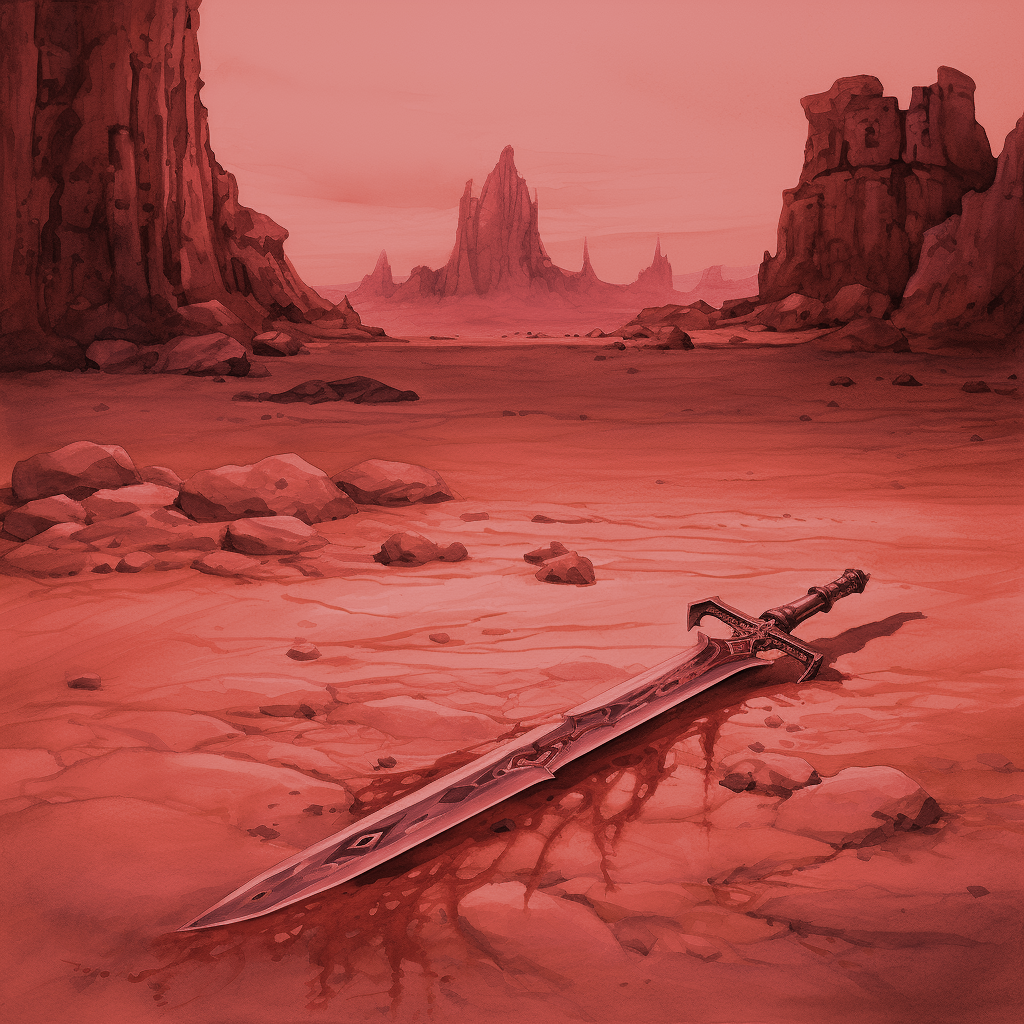 A longsword laying on a desert wasteland bathed in red light. 