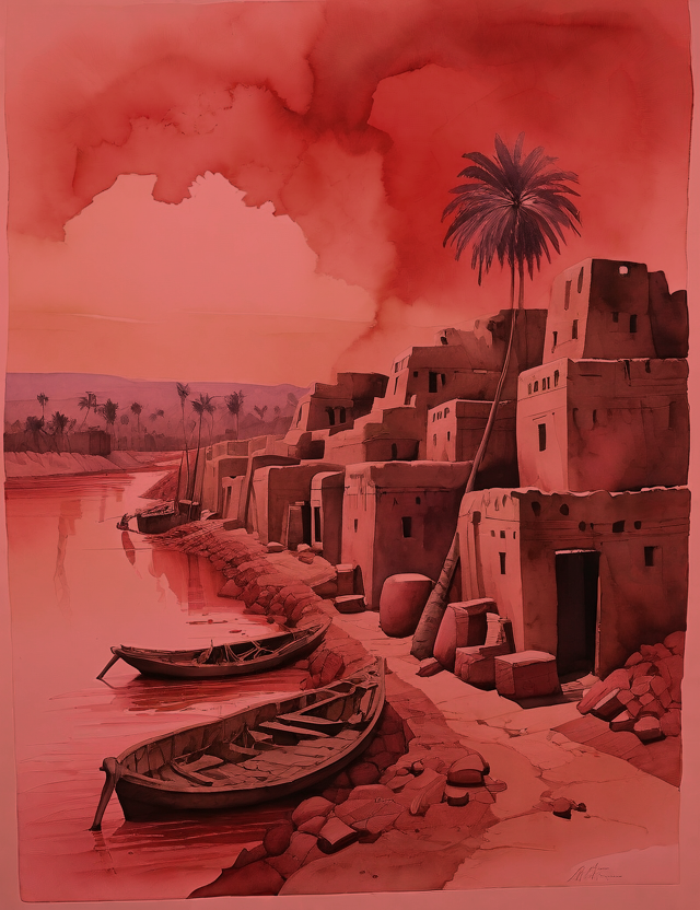 A mud-brick village built on a river with several boats, bathed in red light