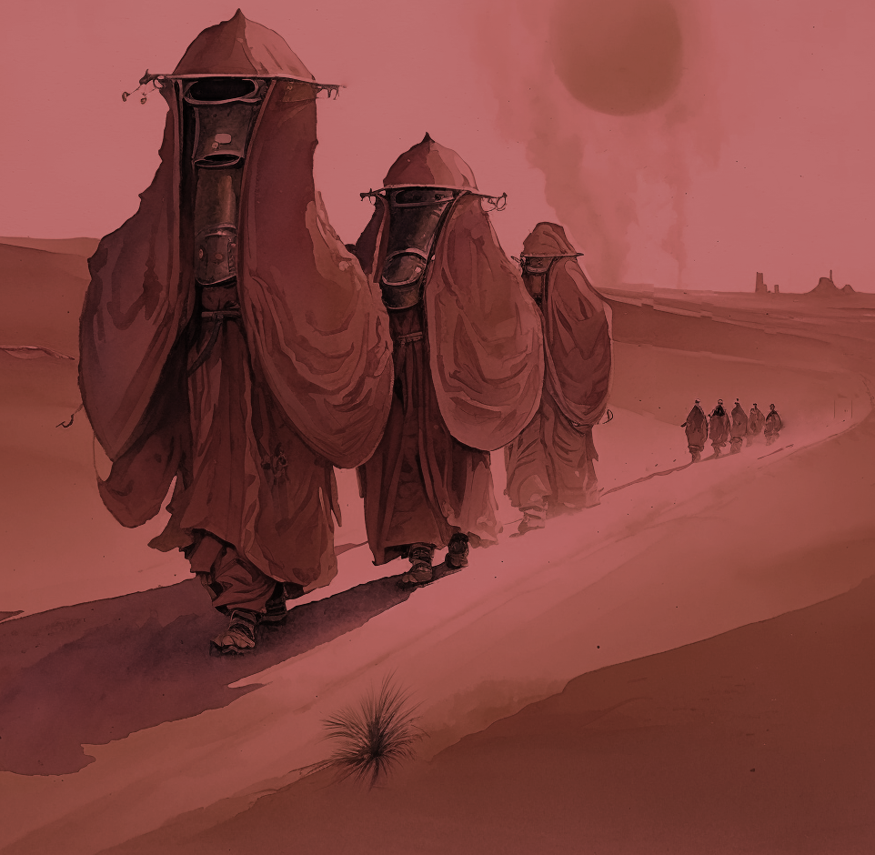 Weird science fiction priests in techno robes in caravan walking through desert wastes.