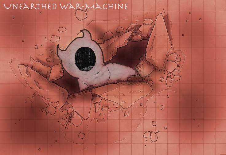 A gridded battlemap of a war-machine half-buried in the earth.