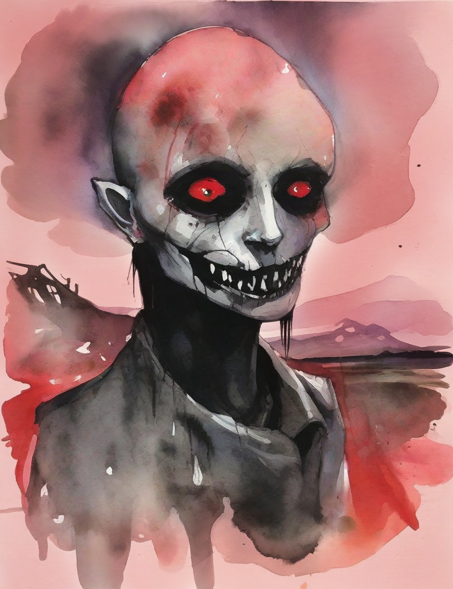 Watercolor painting of a creepy pale ghoul smiling with cracked teeth in red light