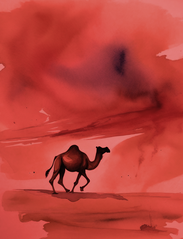  A watercolor painting of a camel running in a red desert. 