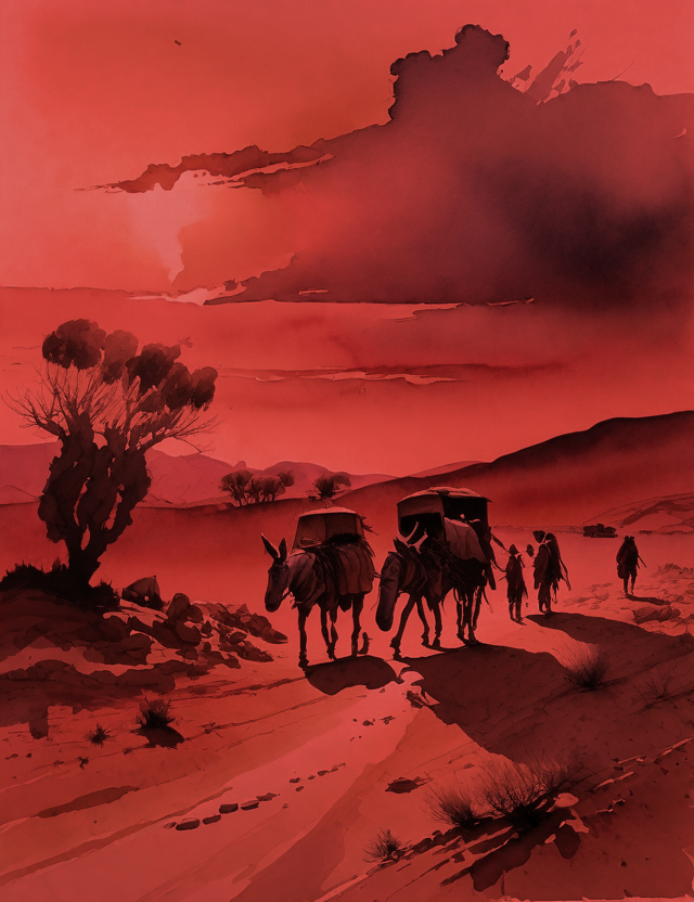 A caravan of donkeys traveling through a desert wasteland, bathed in red sunlight.