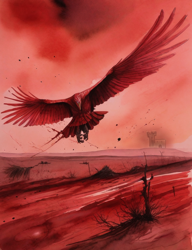 A giant bird swooping down over a red desert wasteland with a castle in the background.