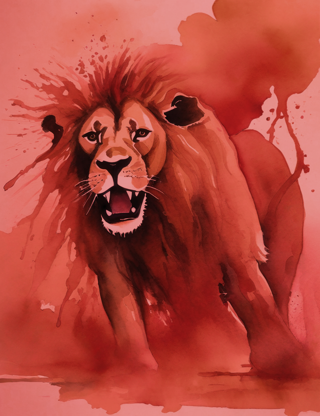 Watercolor of a lion attacking, bathed in red light