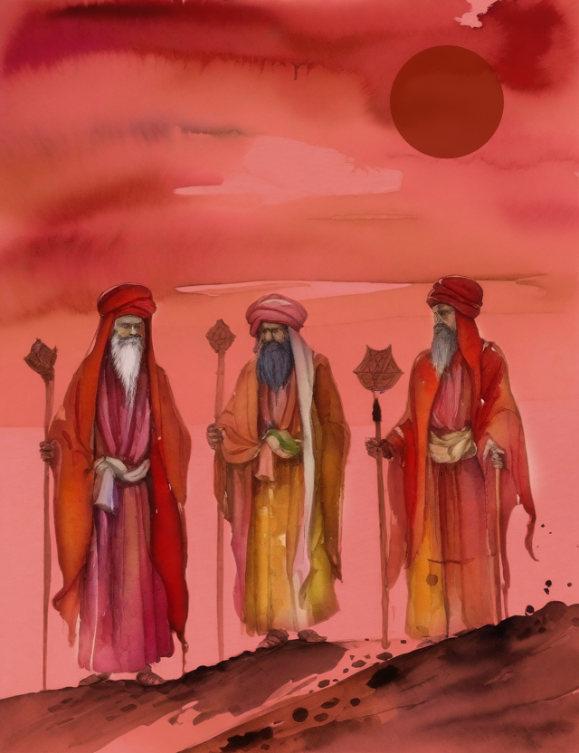 Watercolor painting of three magi in the red desert wasteland. 