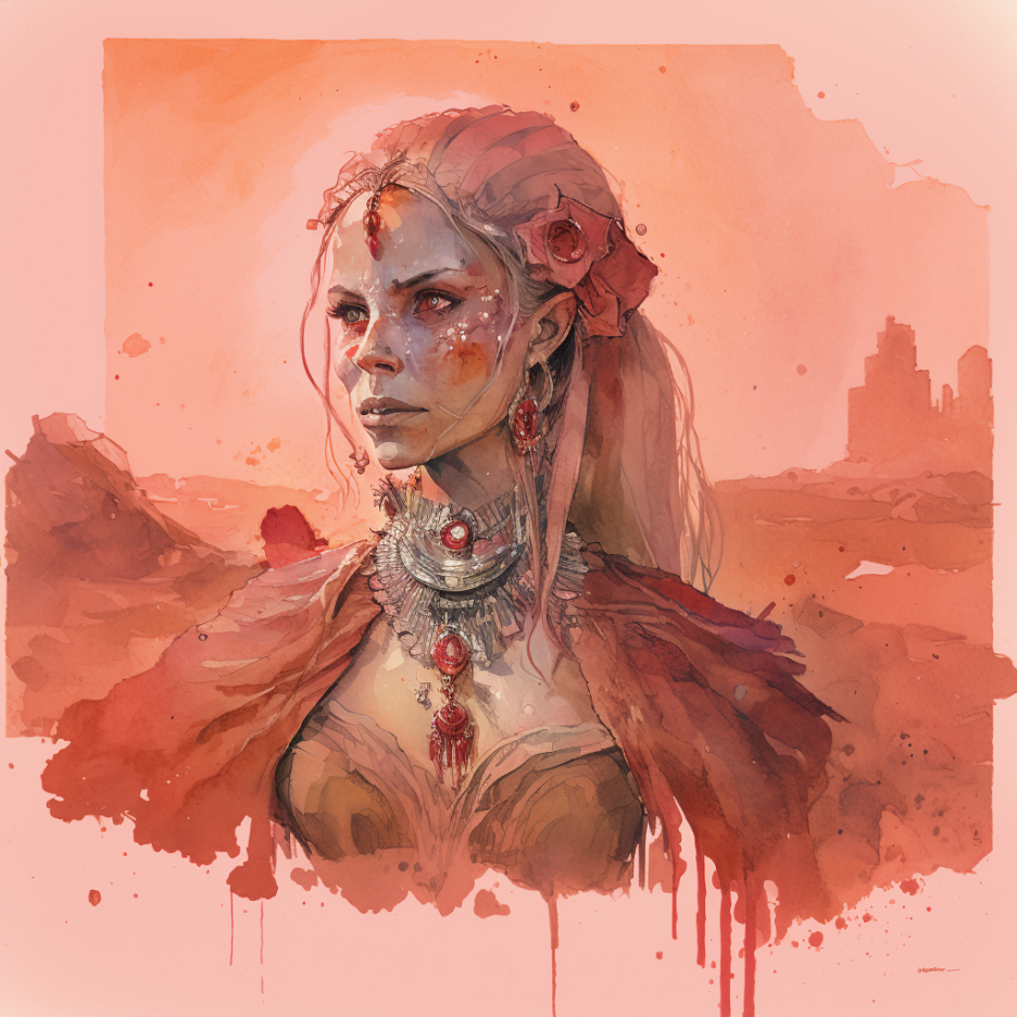 Watercolor painting of a desert princess adorned in silver and rubies. 