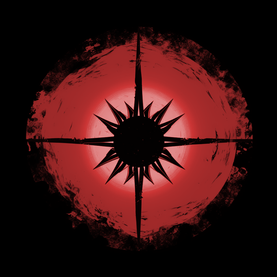 A black and red sun motif on a black background. 