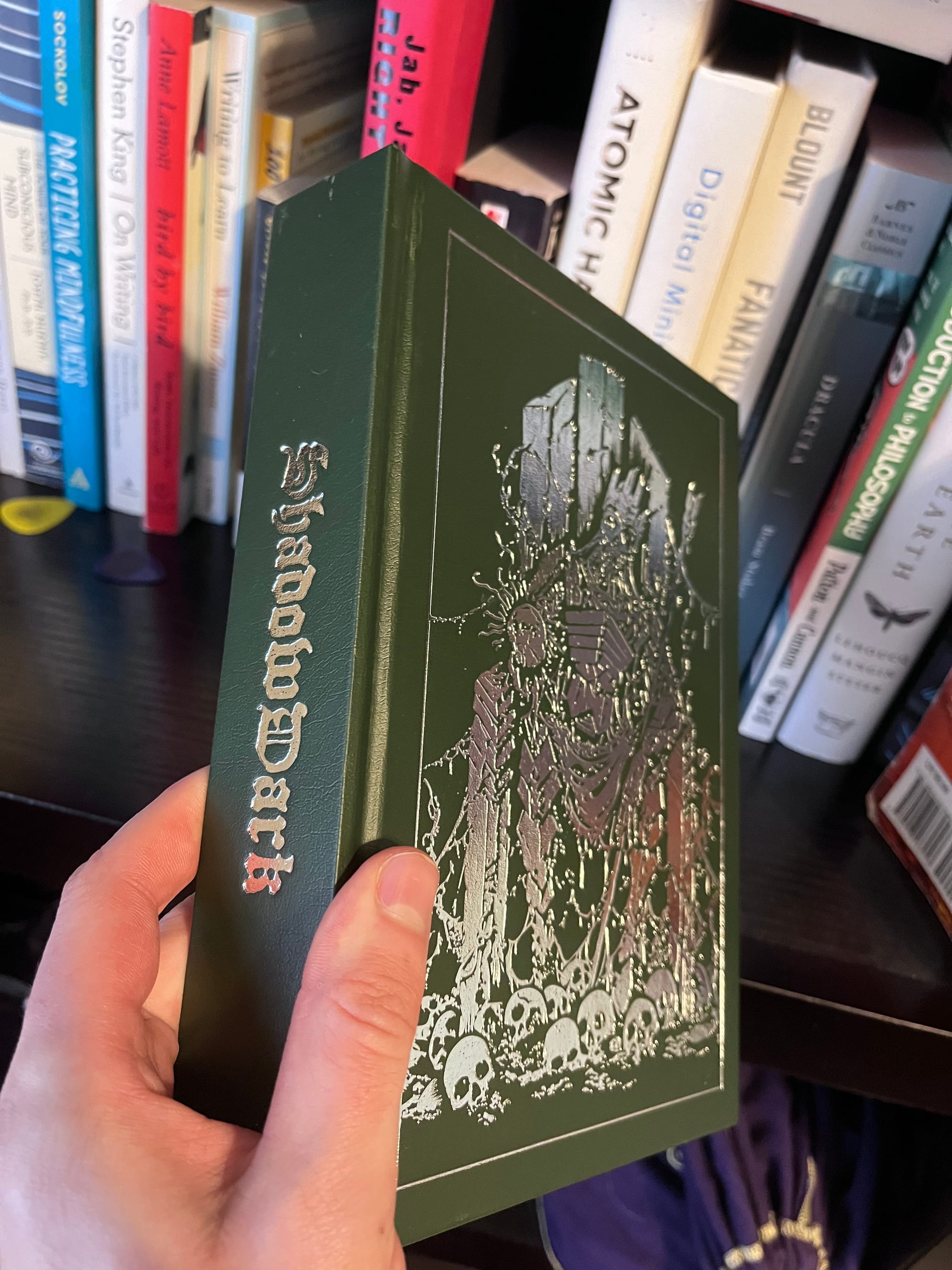 Hand holding a green and silver hardback book with engravings.