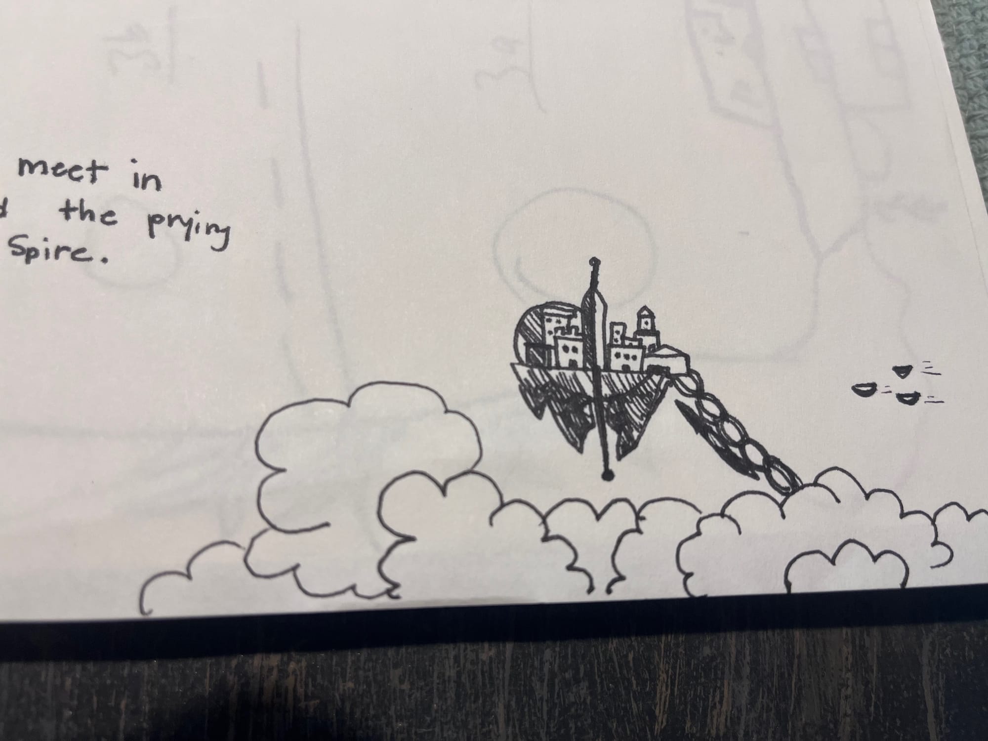 Ink doodle of a city in the sky. 