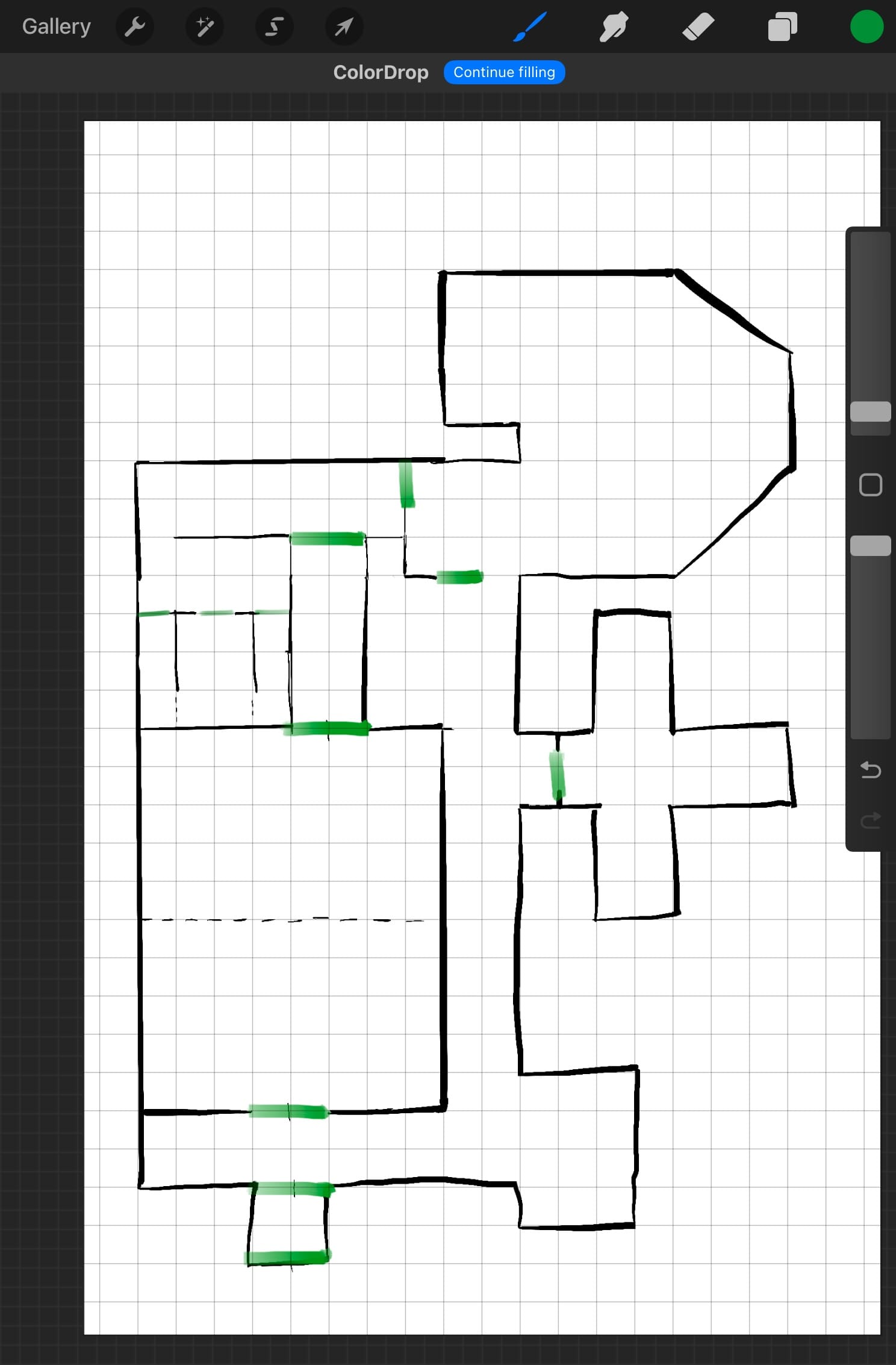 A digitized battlemap drawn in Procreate with green doors.