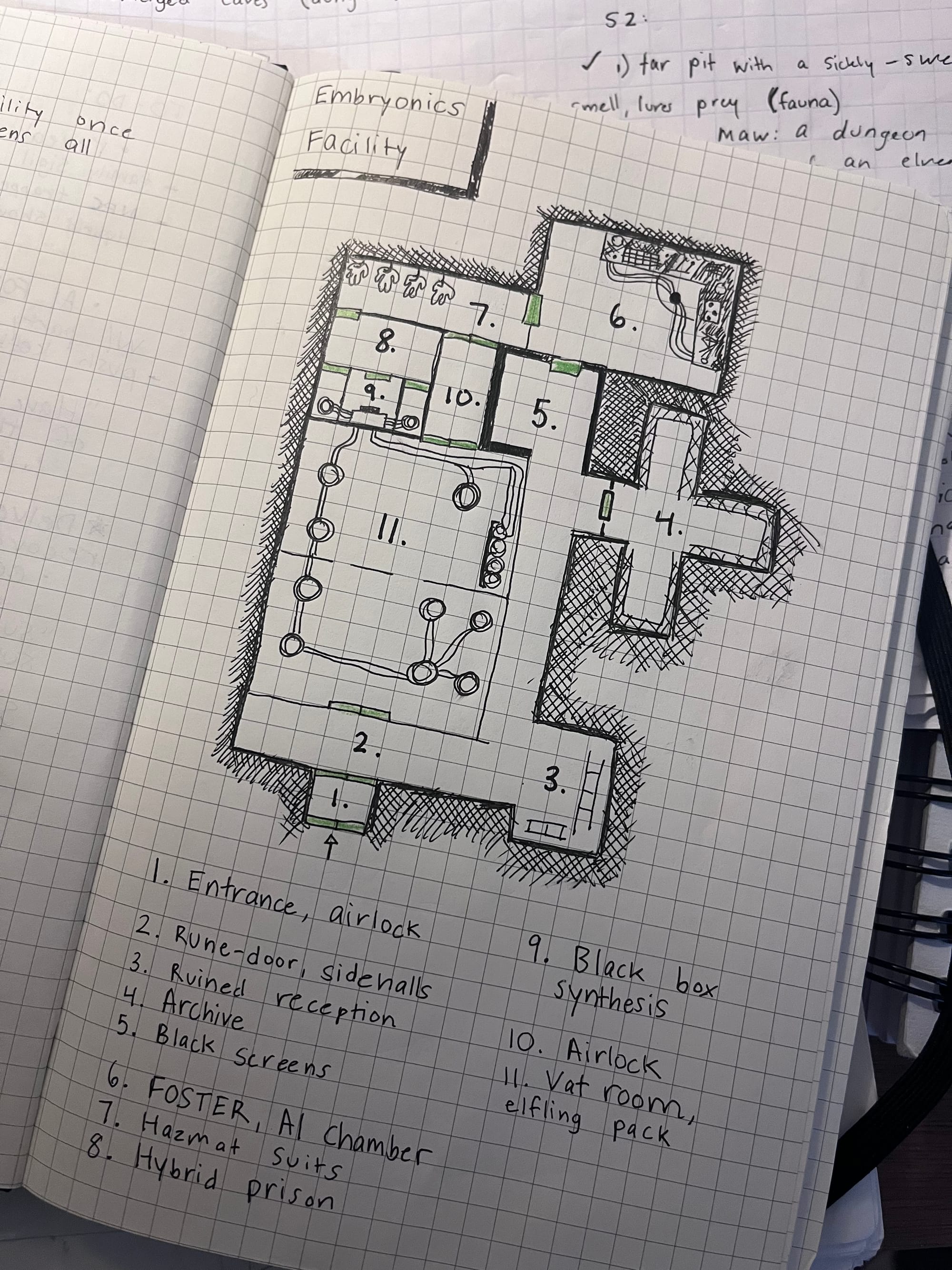 Battle map drawing on a grid of a dungeon. 