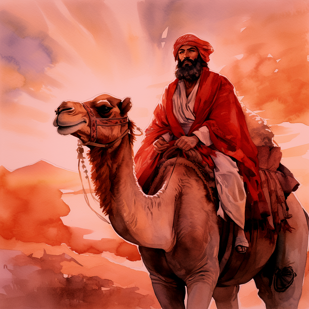 Middle eastern man watercolor sitting on a camel. 