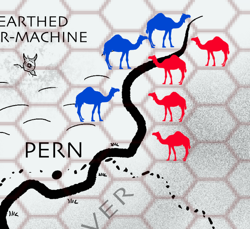 Digital grid map of red and blue camels facing off across the river. 