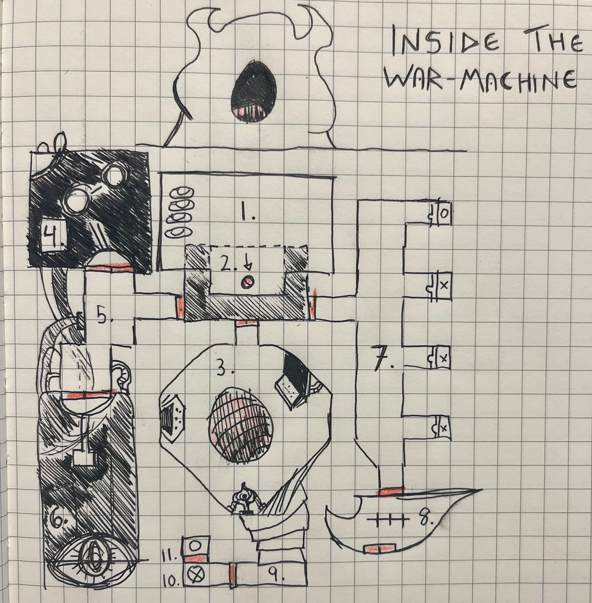 DND battlemap grid of inside a war machine hand drawn in pen.