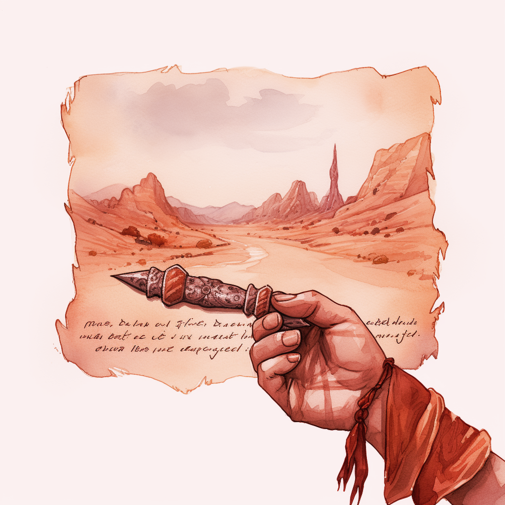 A hand holding a screen with a desert message scrawled in watercolor. 