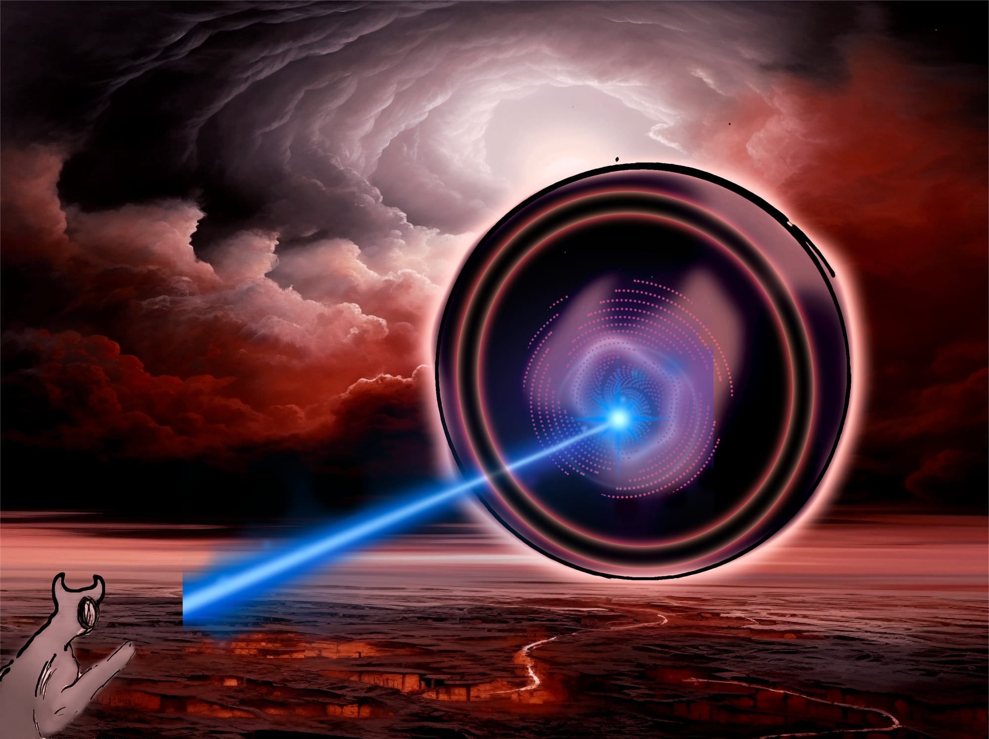 A digital image of the night angel shooting a blue laser at the titan.