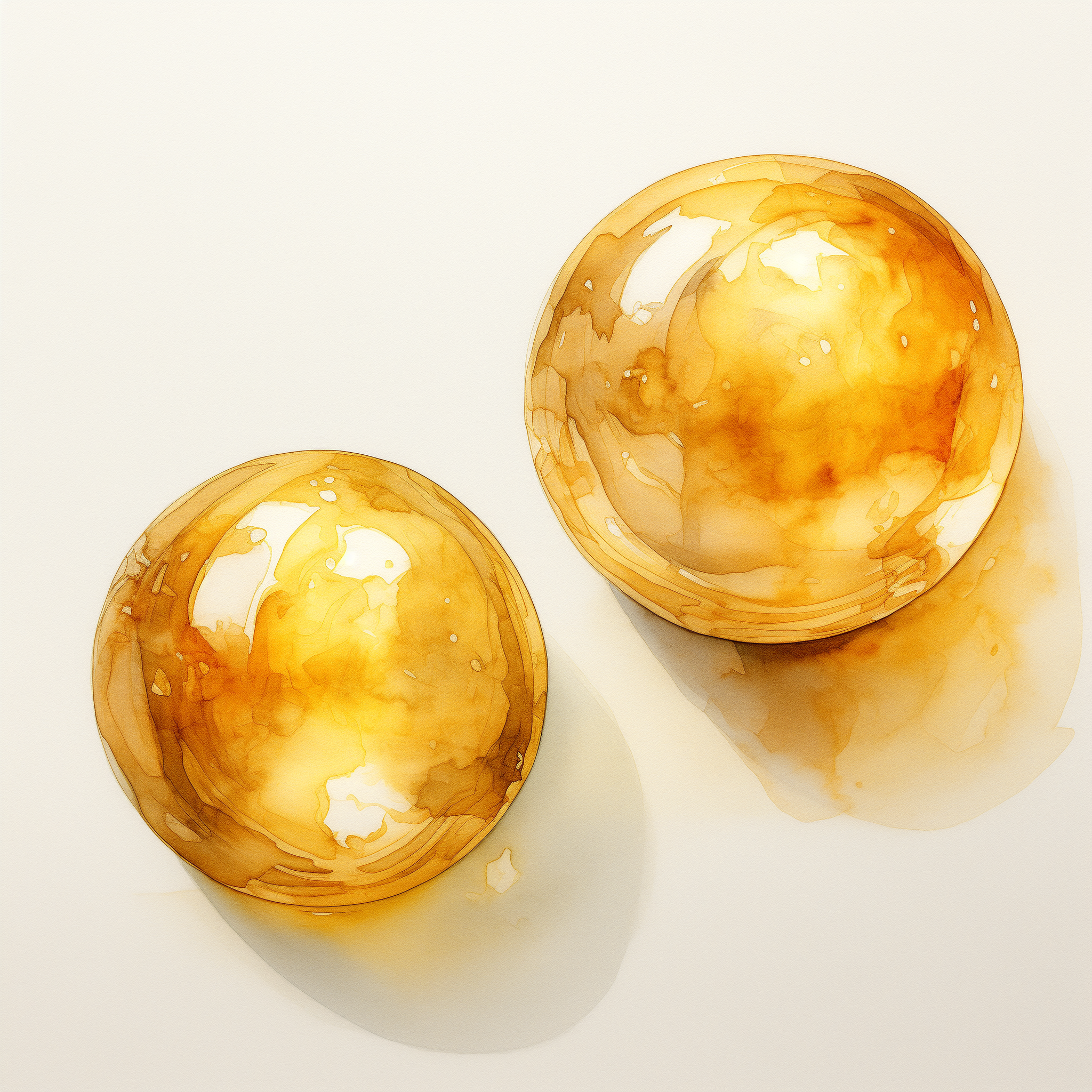 Watercolor of two golden balls on a white background. 