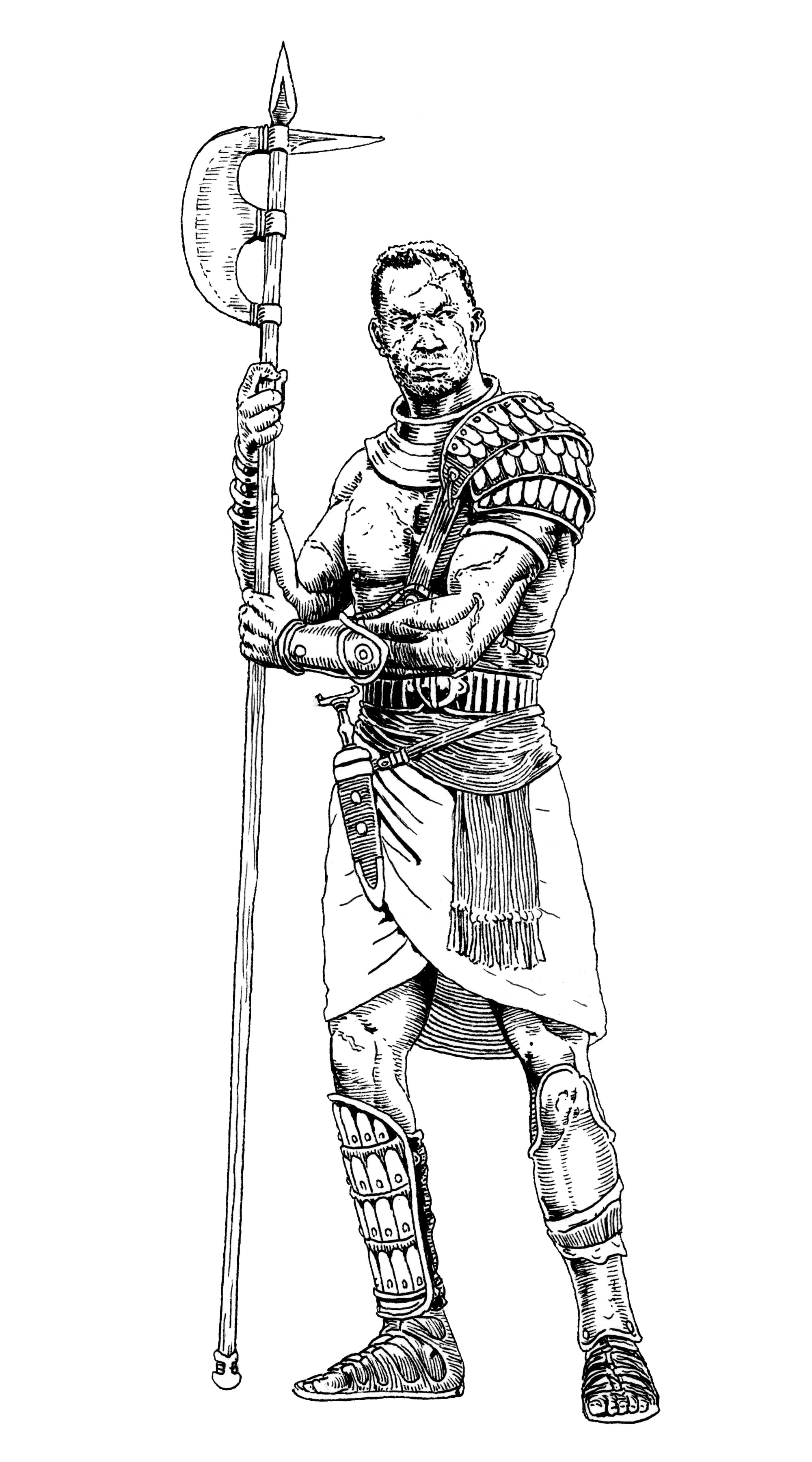 Black and white ink drawing of a bronze age warrior in piece-meal gear.