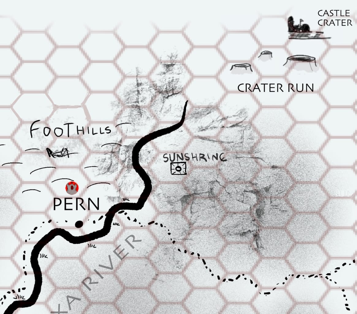 Hand-drawn digital grid map of our homebrew D&D world, Xaxa River Valley.