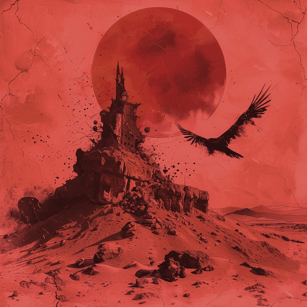 A blood red sun behind a shattered sandstone castle with a big black bird swooping in, desert wasteland watercolor image.