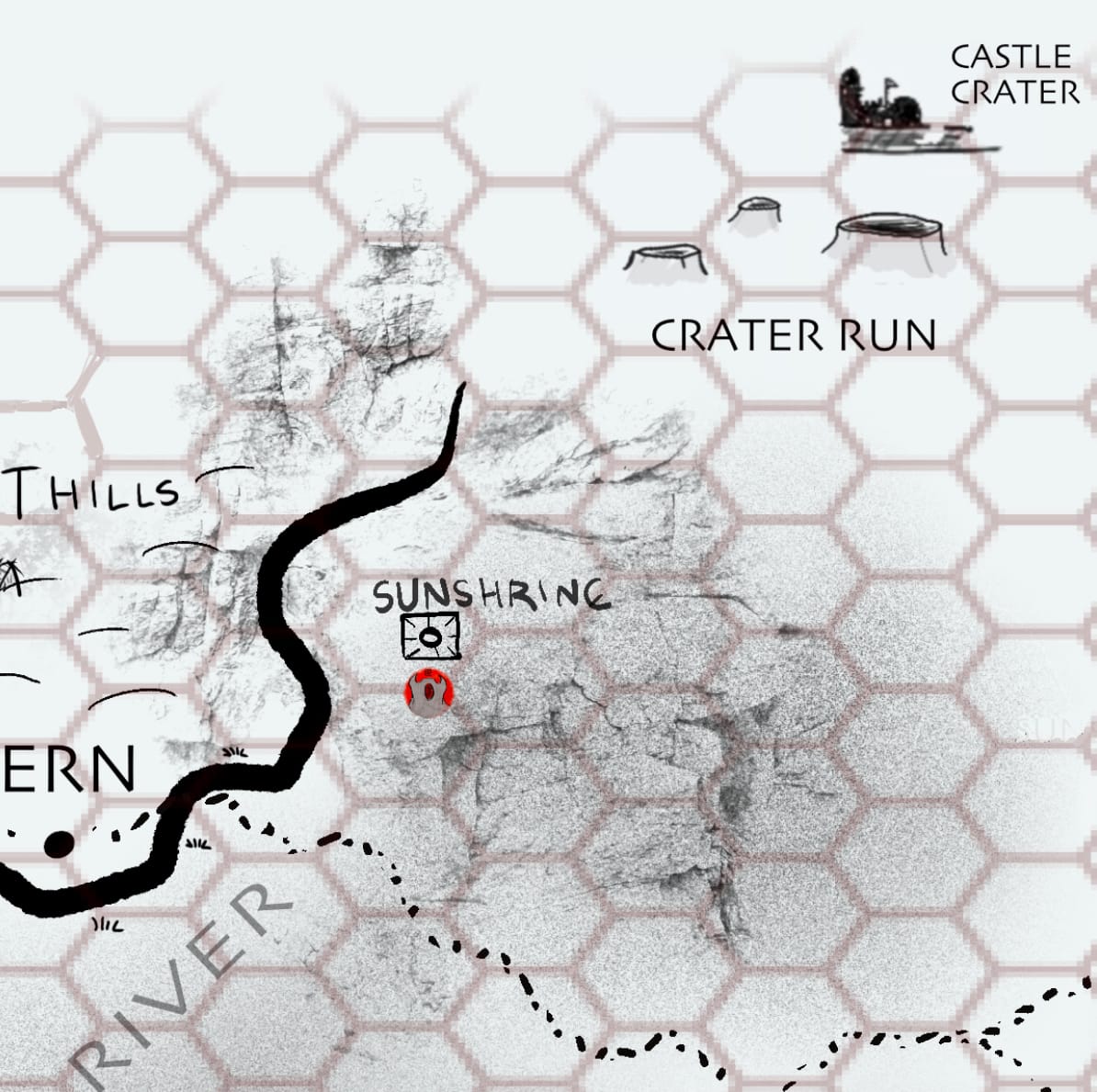 Hand-drawn digital hexmap of the titan approaching the sun shrine.