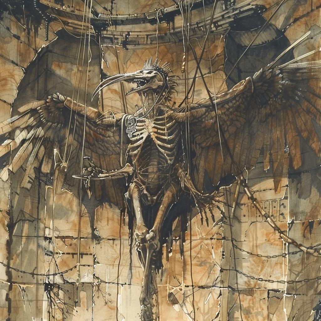 AI-generated watercolor of a humanoid skeleton with grafted bird wings and a bony beak.