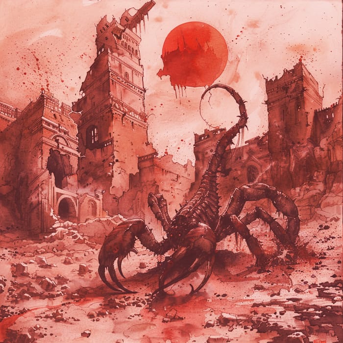 AI-generated watercolor of a mutant scorpion in a ruined courtyard under a red sun.