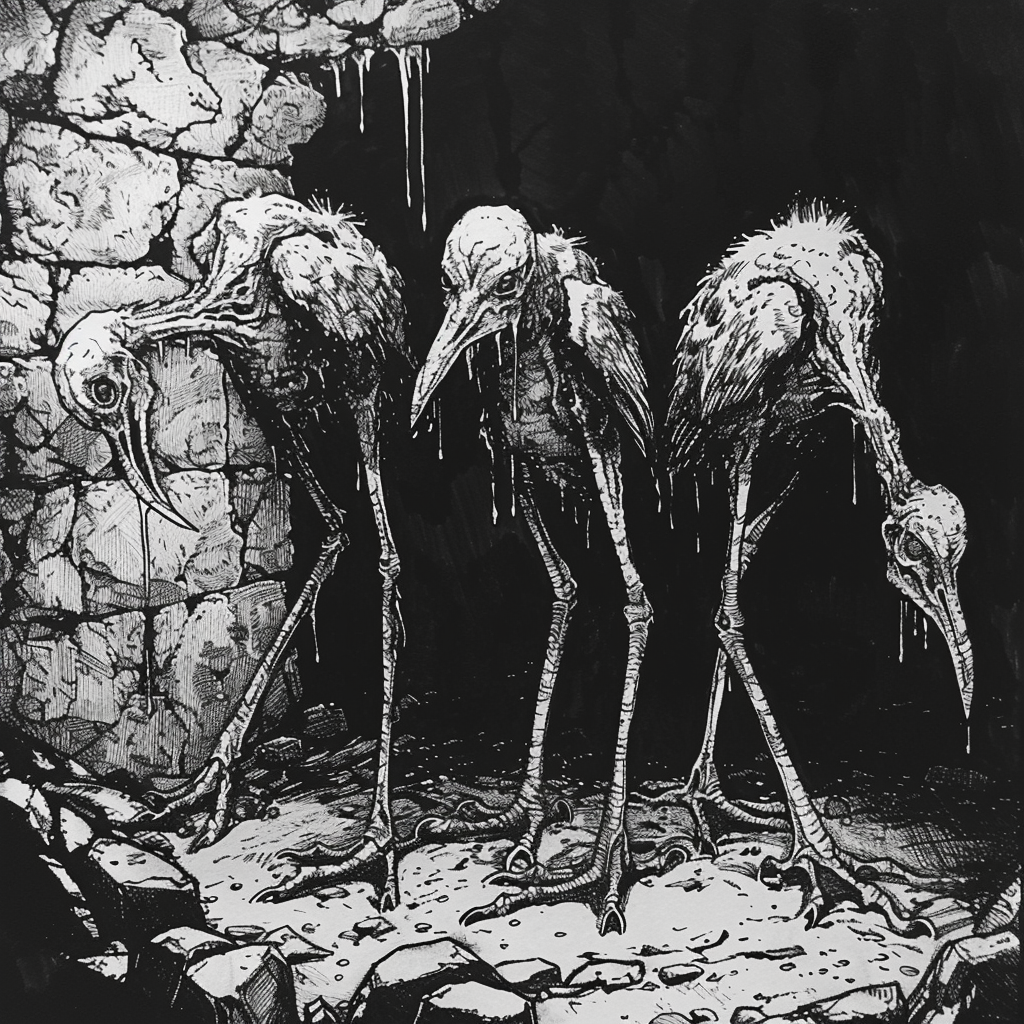 AI-generated black and white drawing of 3 humanoid birds, dripping and in a catacomb. 