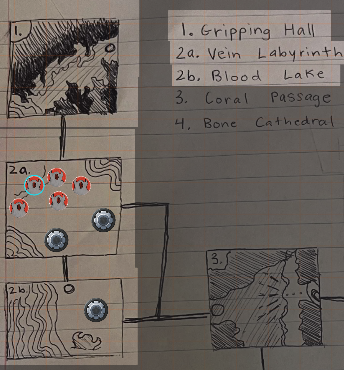 Hand-drawn picture of a D&D battle map on lined paper. 