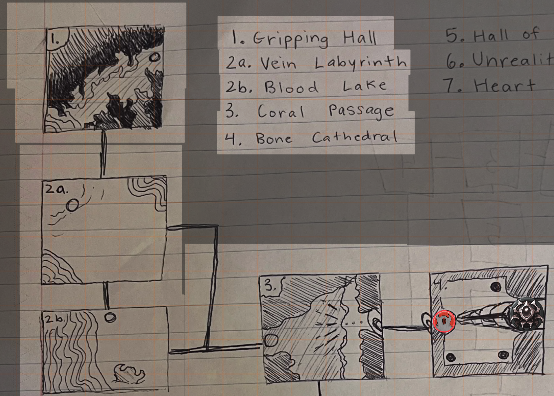 Hand drawn map depicting the inside of an elder god. 