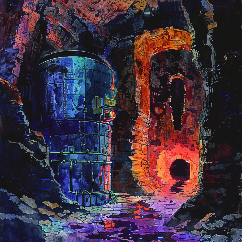 AI-generated picture of a cylindrical machine in a colorful dungeon. 