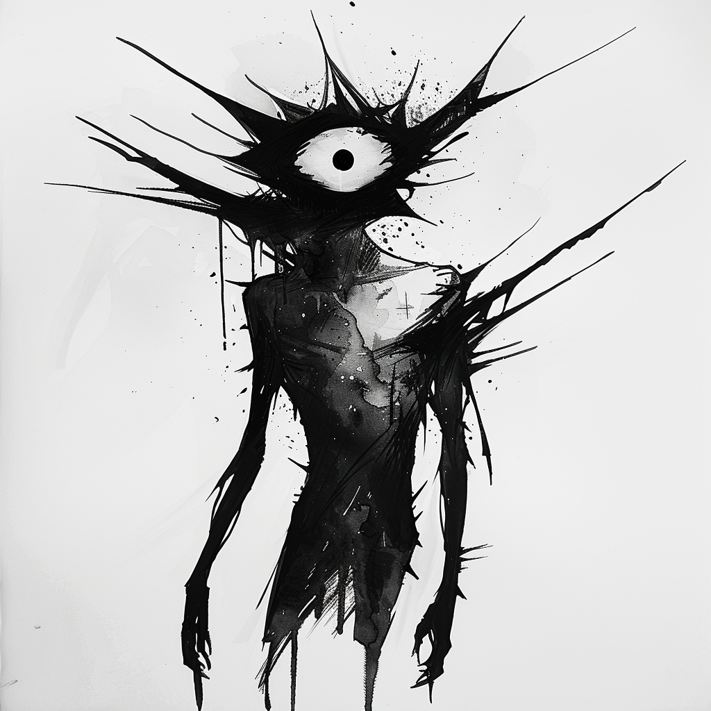 AI generated watercolor of a spiky black spirit humanoid. 