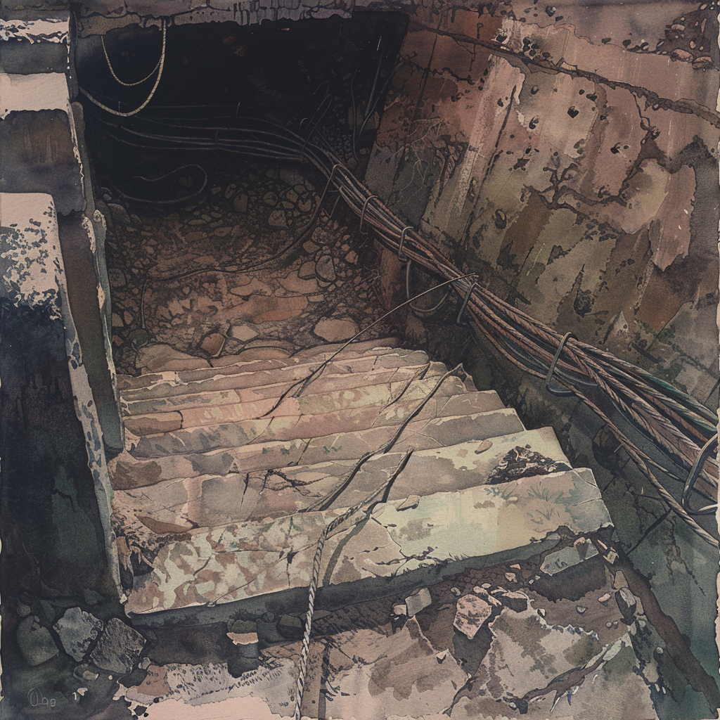 AI-generated picture of sandstone stairs leading into a passage with wires.