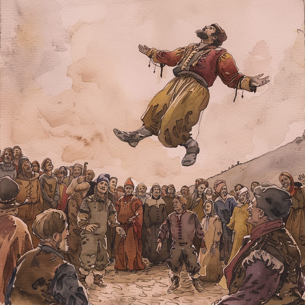 Middle eastern man floating above a crowd in a watercolor style, AI generated