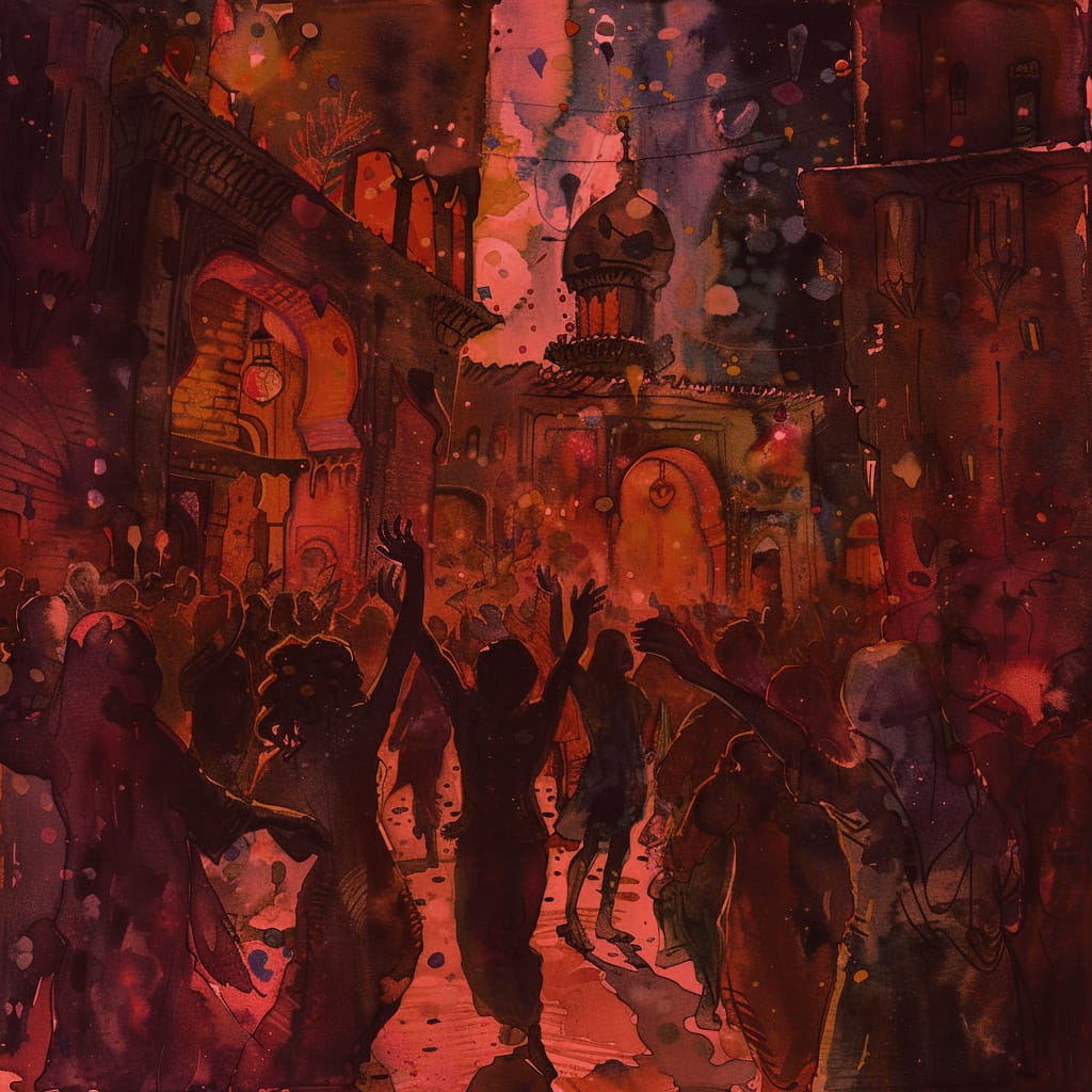 AI generated watercolor of a middle eastern party happening in the streets. 