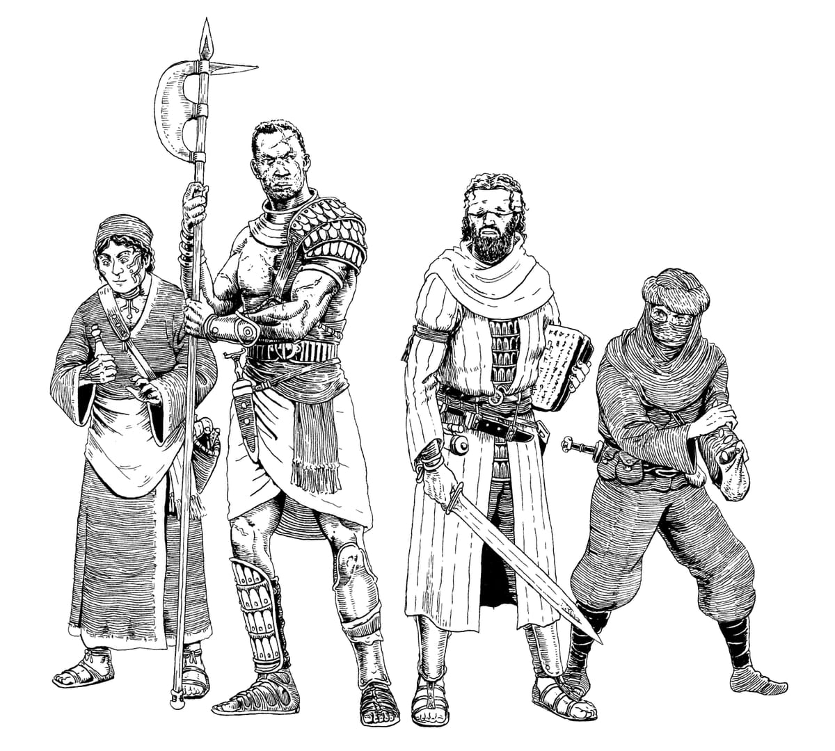 A black and white ink drawing of a party of adventurers. 