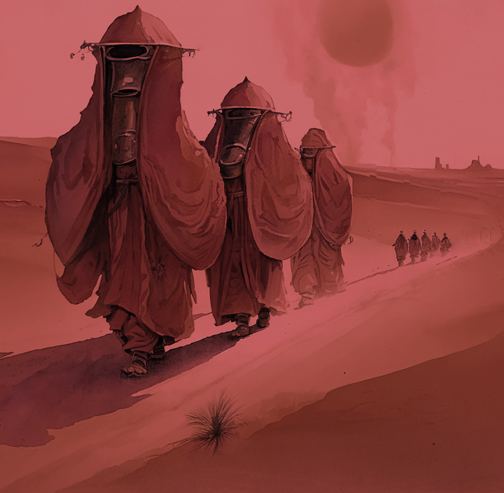 A caravan of scifi priests in weird robes walking through a desert wasteland bathed in red light sun in sky. 